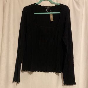 J Crew NWT Black Pointelle Wool Sweater with Scalloped Hem, Square Neck sz XXL